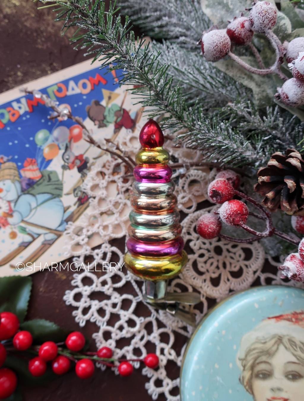 Пирамидка - елочка. №25 Елочная игрушка, стекло на прищепке, СССР.