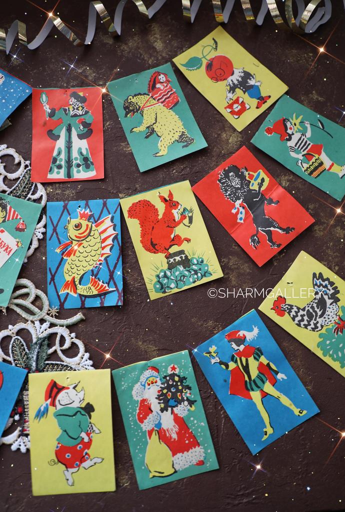 Новогодняя бумажная гирлянда - флажки "Сказочные персонажи", СССР.