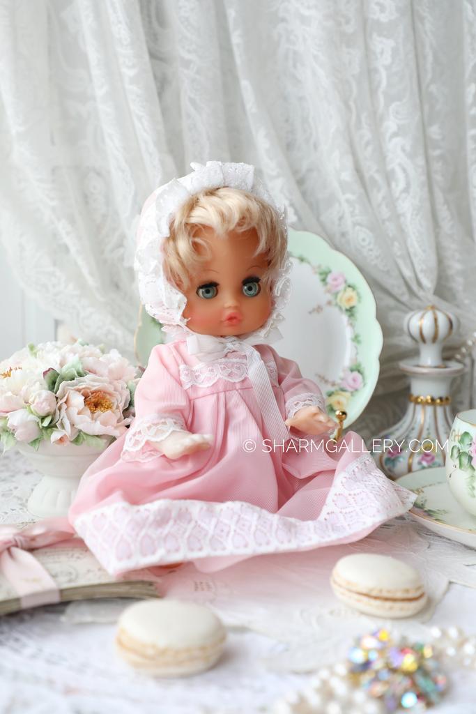 Кукла - малышка блондинка в розовом, 25см., ГДР.