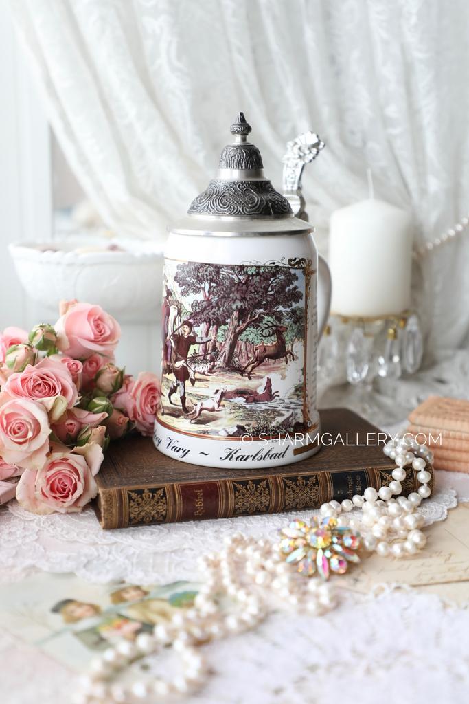 Пивная кружка «Охота» Karlovy Vary 500мл с оловянной крышкой, фарфор, Чехословакия.