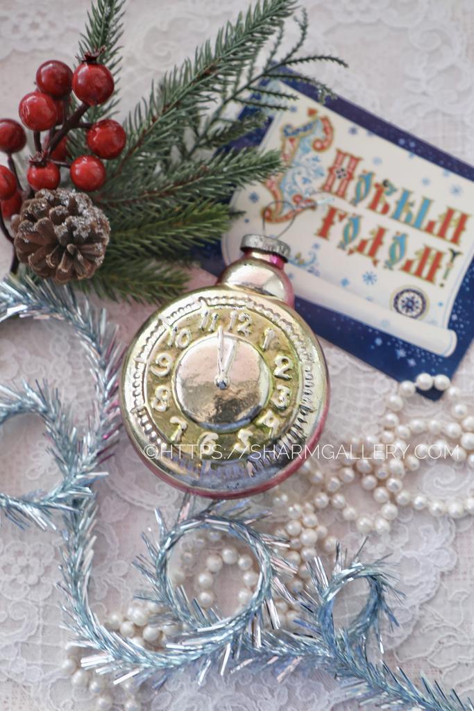 Часы будильник «Без пяти двенадцать» большие! Елочная игрушка, стекло, СССР. №7