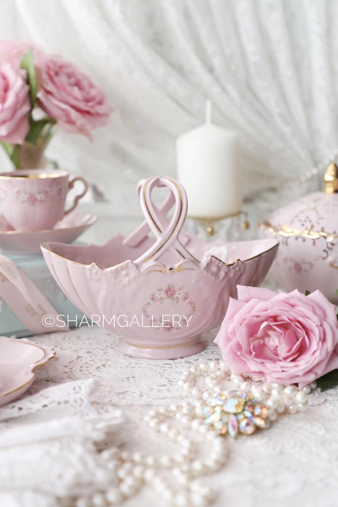 Корзинка конфетница «Розовая соната» розовый фарфор Leander Чехия.