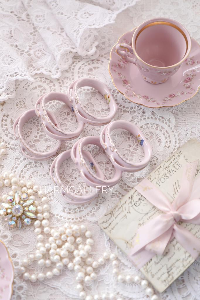 Набор колец для салфеток «Полевые цветы» 6шт., розовый фарфор Haas and Czjzek Чехословакия.