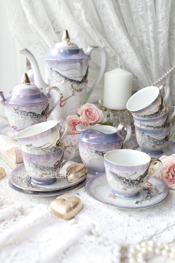 Старинный кофейный сервиз «Дракон» гейша. Фарфор, Сацума Япония.