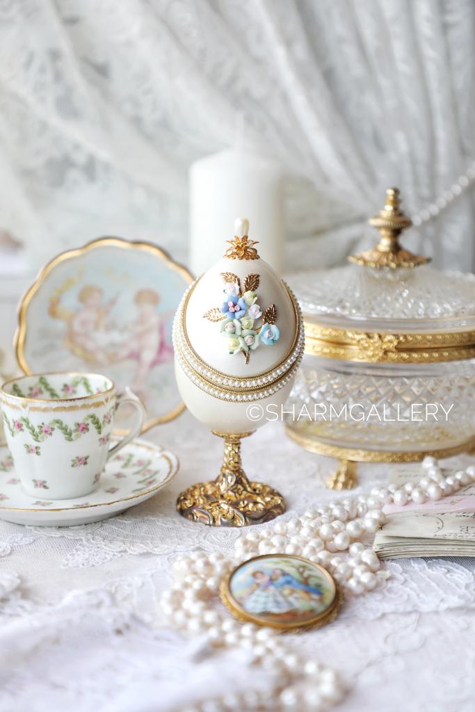 Яйцо/Шкатулка для колец «Нежный букет» натуральное гусиное яйцо, 1990гг.