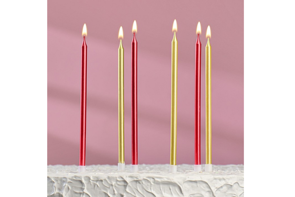 Свечи для торта Ройс бордовые и золотые, 6 шт, 13 см