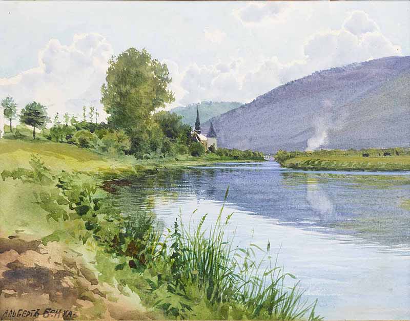 Художественный принт с акварели Альберта Бенуа "Горный пейзаж с церковью"