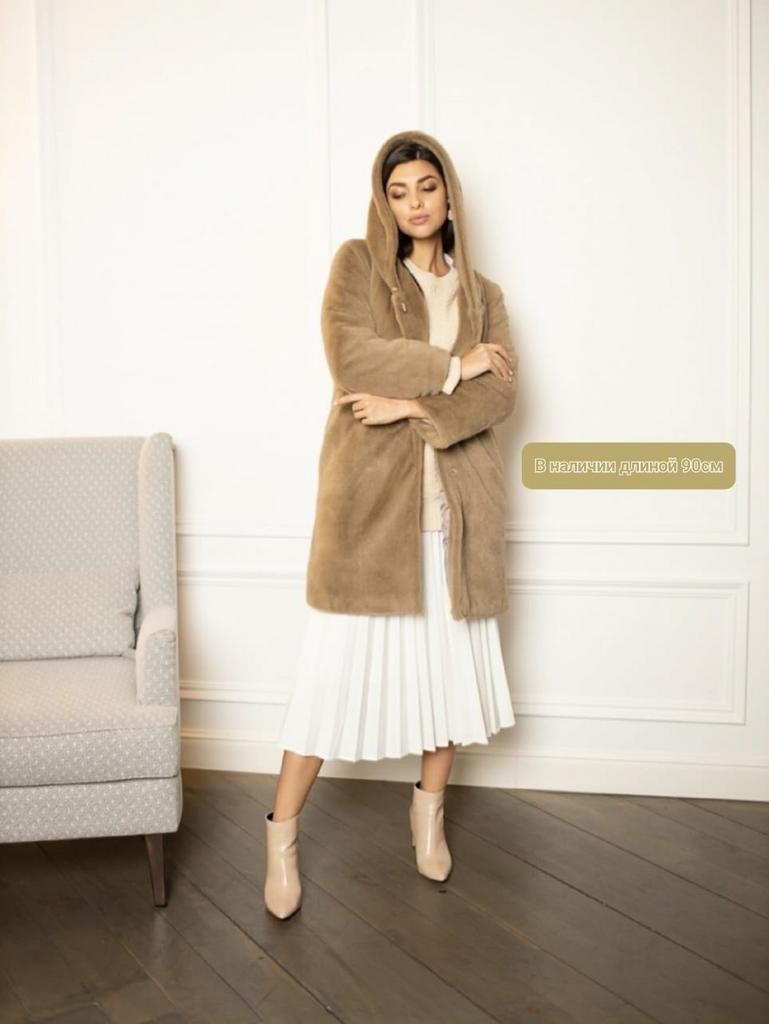 Экошуба Модель укороченный халат с капюшоном бежевый-оливковый