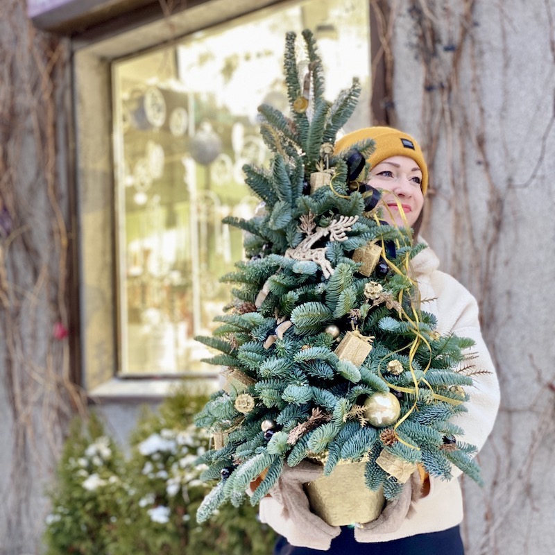 Большая елочка из живой пихты Нобилис с новогодним декором