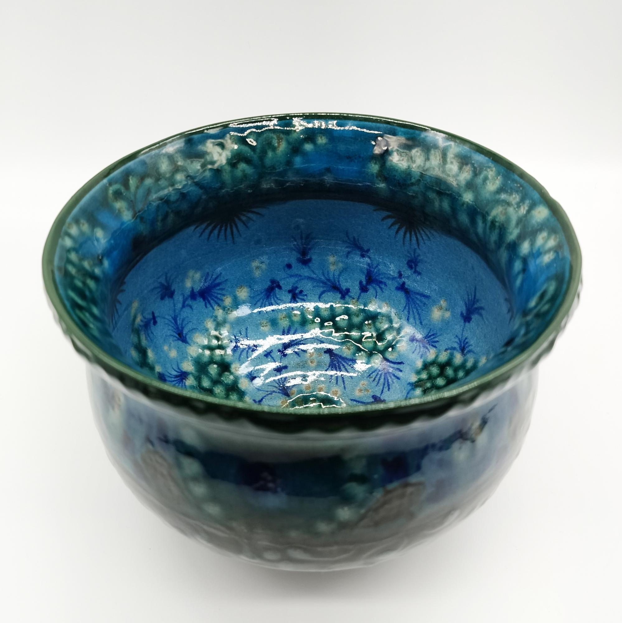 Узбекский салатник или Ваза для фруктов "Круговорот природы в голубом небе", авторская риштанская керамика ручной работы Алишера Назирова