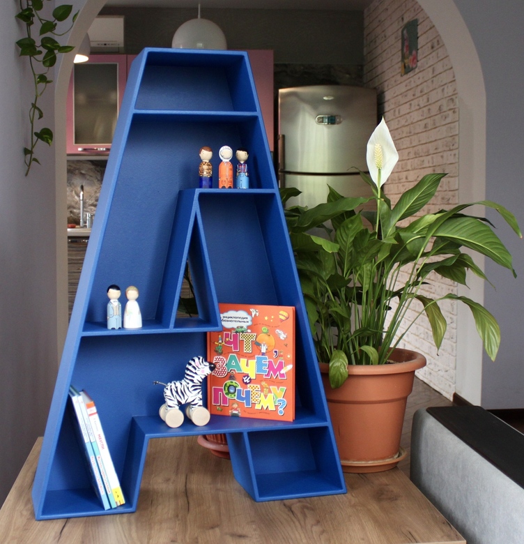 буква полка А, полка в детскую, буква в форме полки, полка в форме буквы А, синяя буква на стену