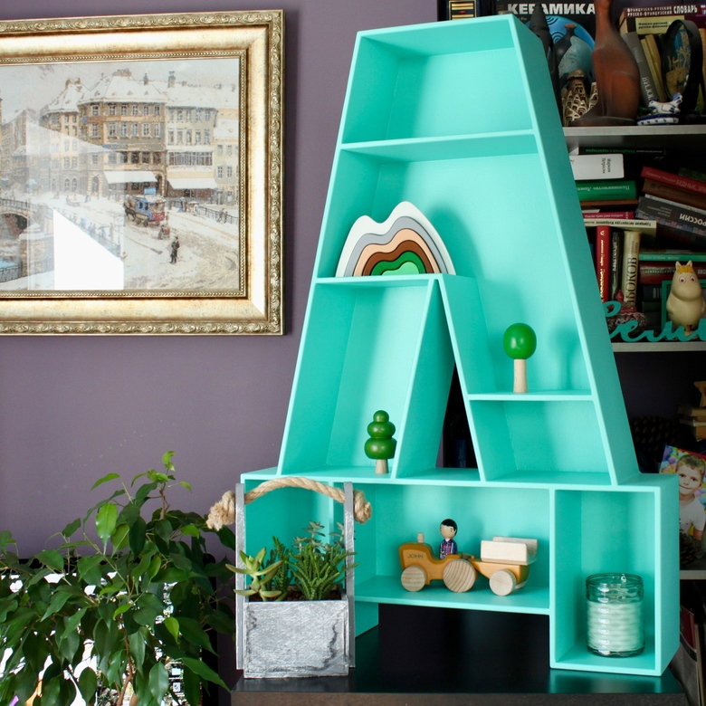 буква полка Д, полка в детскую, буква в форме полки, полка в форме буквы Д, мятная буква на стену