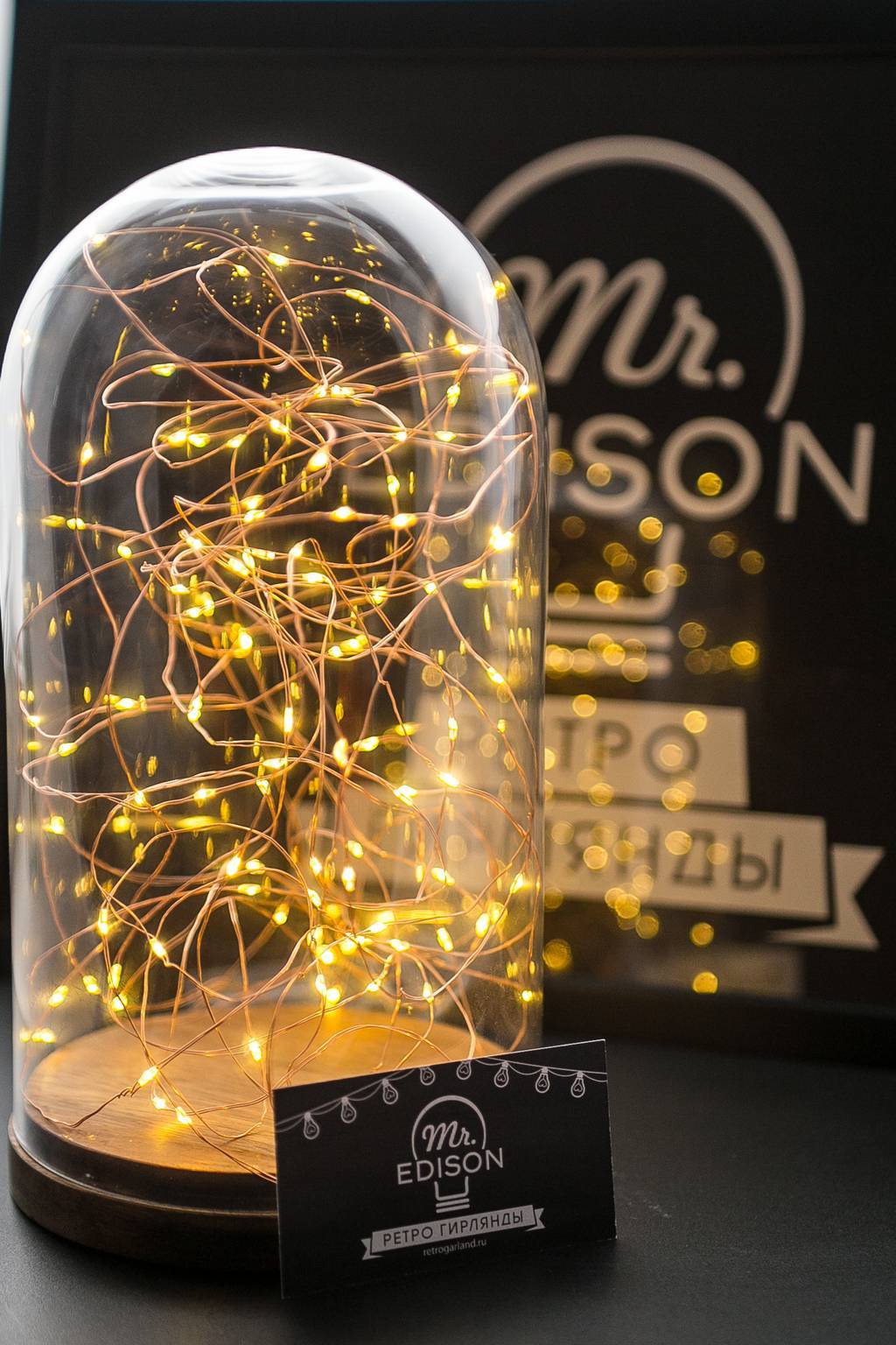 стеклянный клош с гирляндой внутри