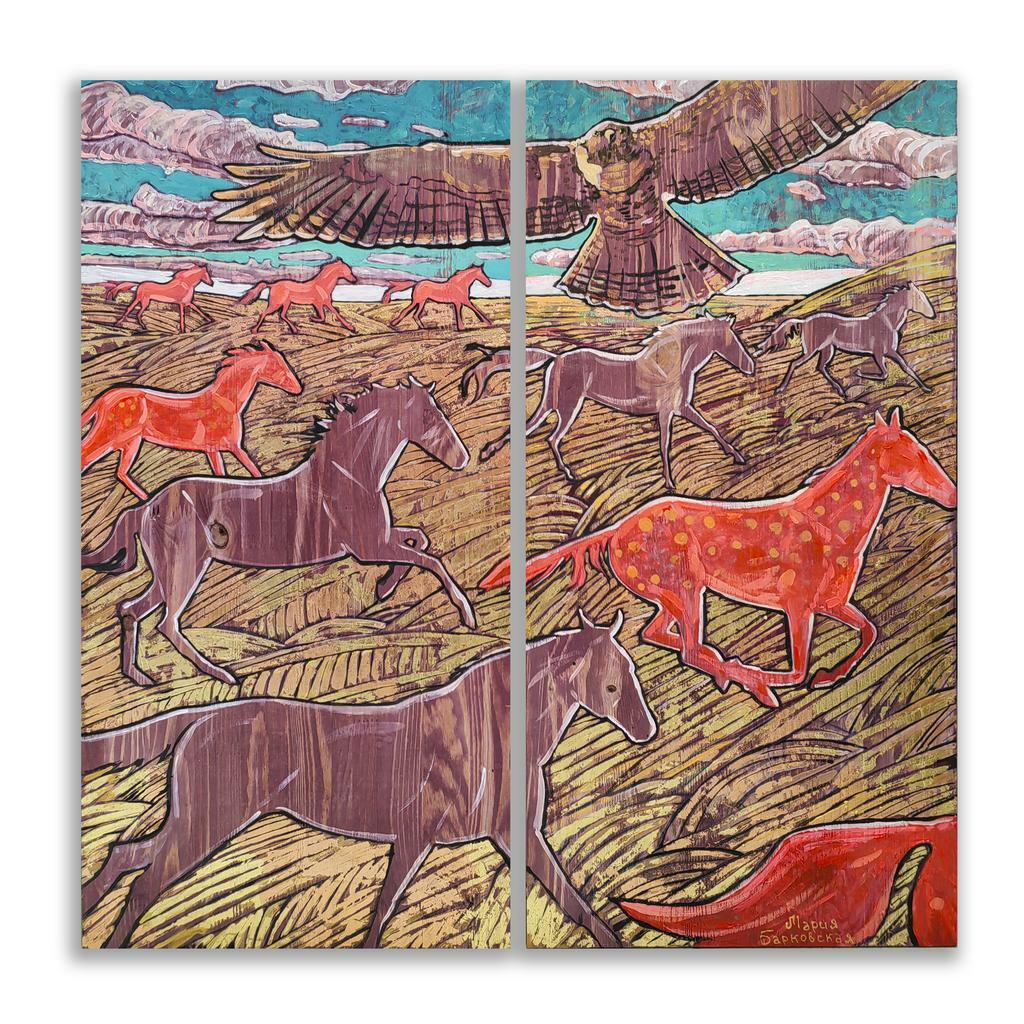 "Табун”  Диптих 40х80см каждая массив дерева/масло/золото