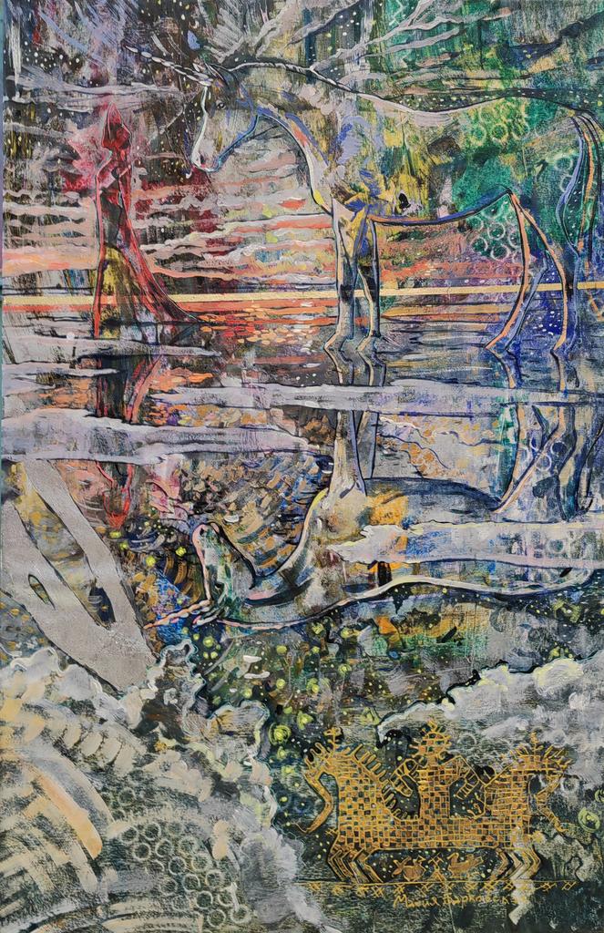 “Прогулка с единорогом”  110х70см холст/масло/золото