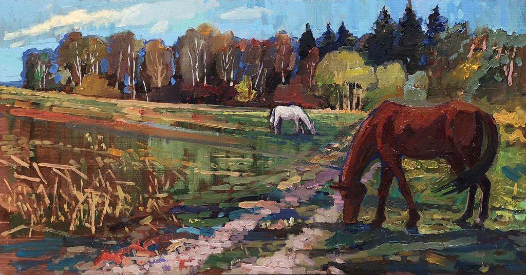 "Поле. Лошади. Русская природа.”  40х80см