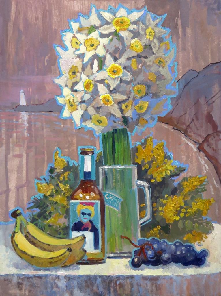 "Натюрморт с цветами и пивом. Сочи" 50х70см