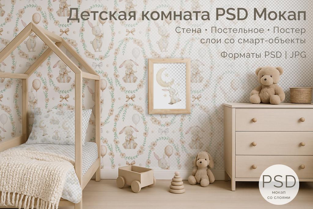PSD мокап детской комнаты, постер, обои, текстиль, интерьерный макет для презентации дизайна