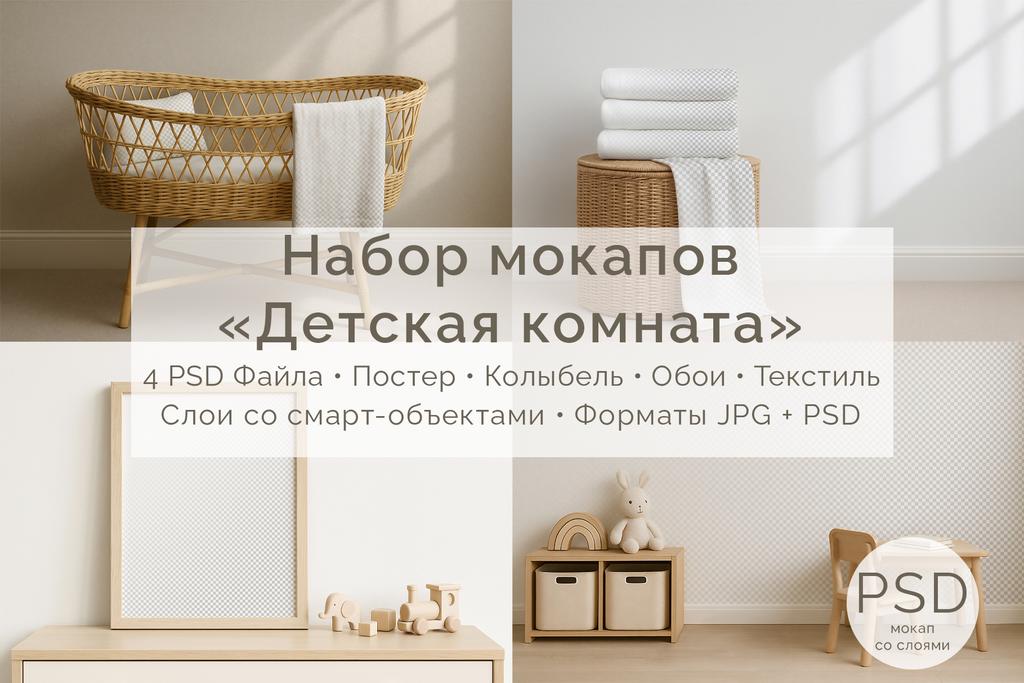 PSD набор мокапов детской комнаты, постер, обои, текстиль, интерьерный макет для дизайна