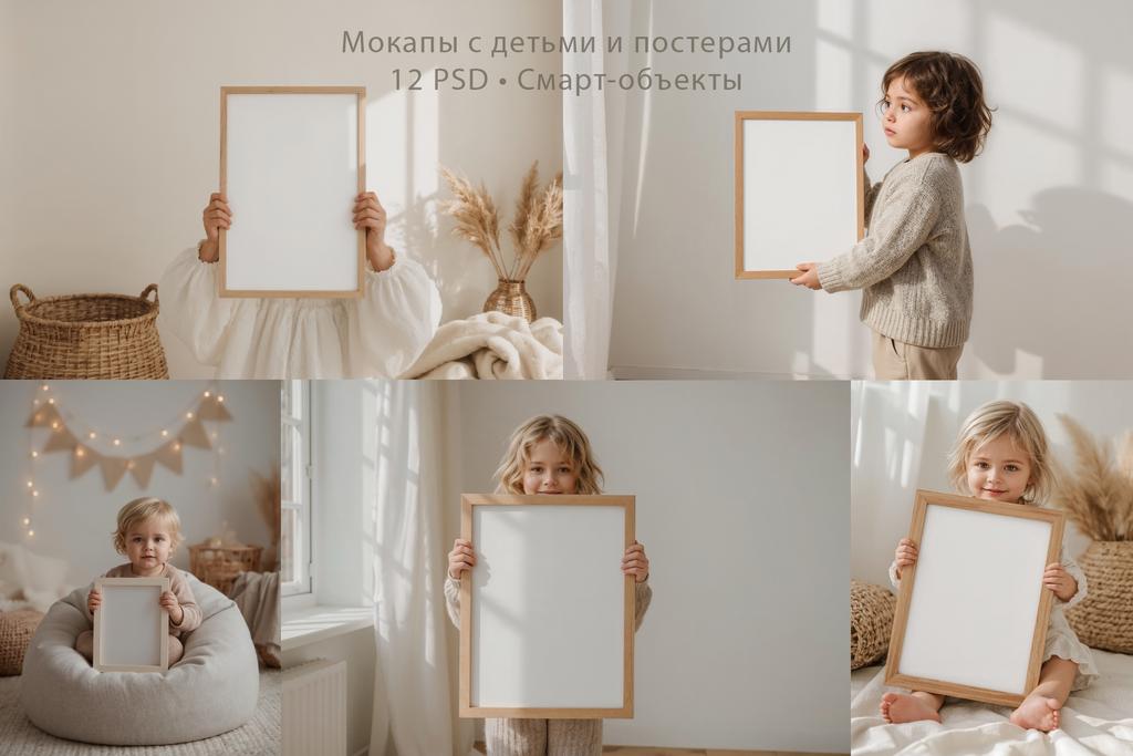 PSD мокапы с детьми и постерами, детские мокапы, презентация иллюстраций, интерьерный макет