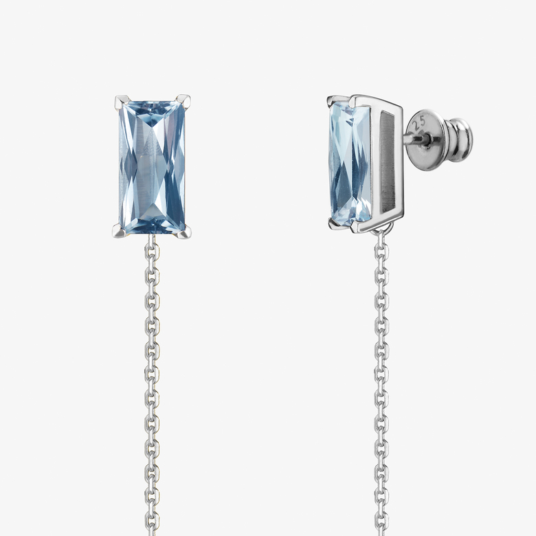 Серьги с голубым топазом и цепочкой