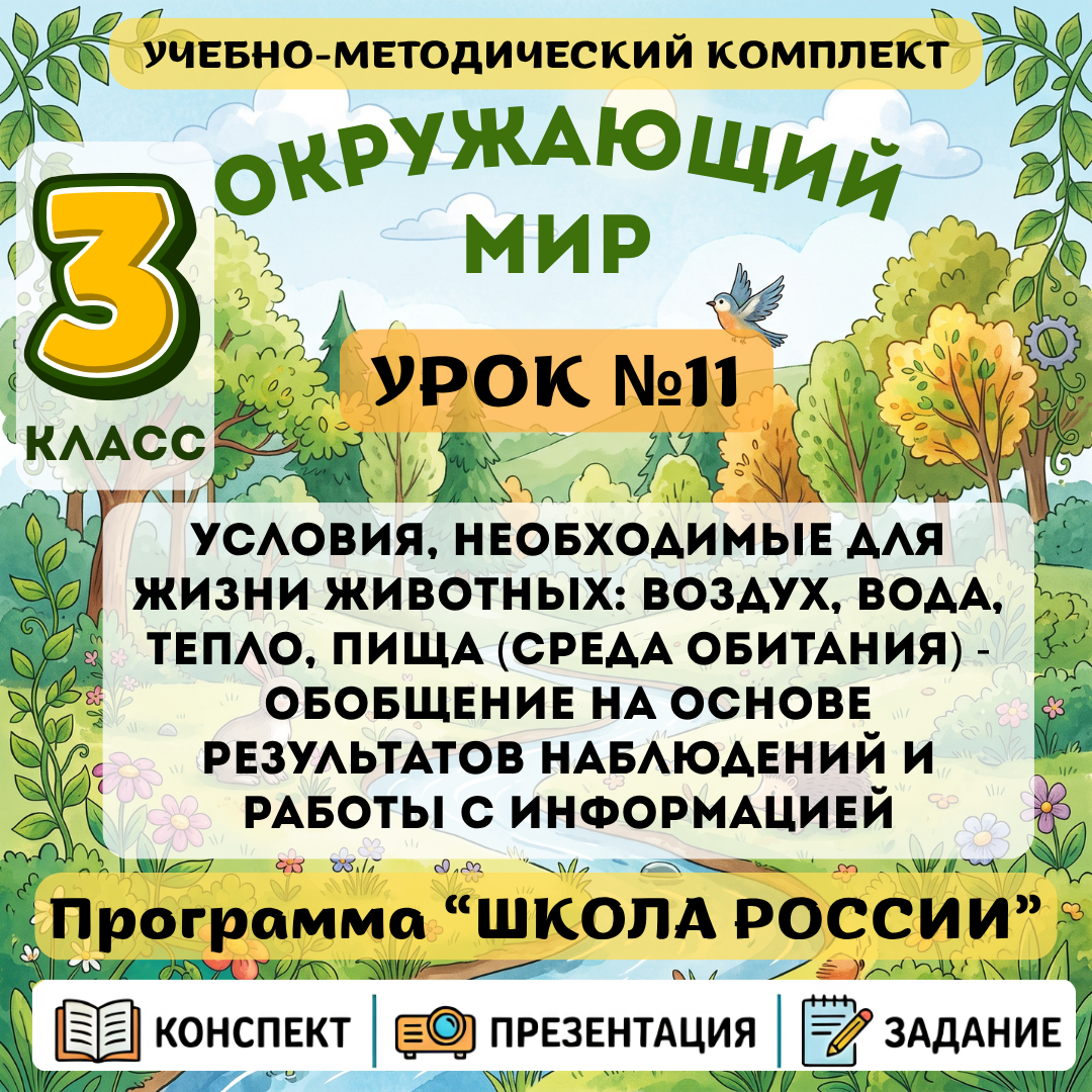 Урок №11 Условия, необходимые для жизни животных: воздух, вода, тепло, пища (среда обитания) - обобщение на основе результатов наблюдений и работы с информацией