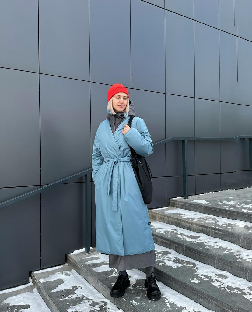 Двухстороннее пальто-кимоно серо-голубое