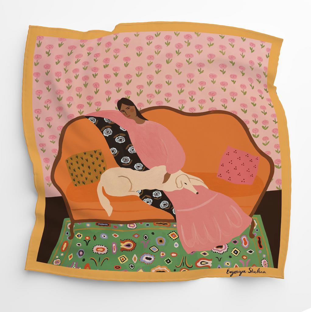 ПЛАТОК "ДЕВУШКА НА СОФЕ С БОРЗОЙ" 70х70