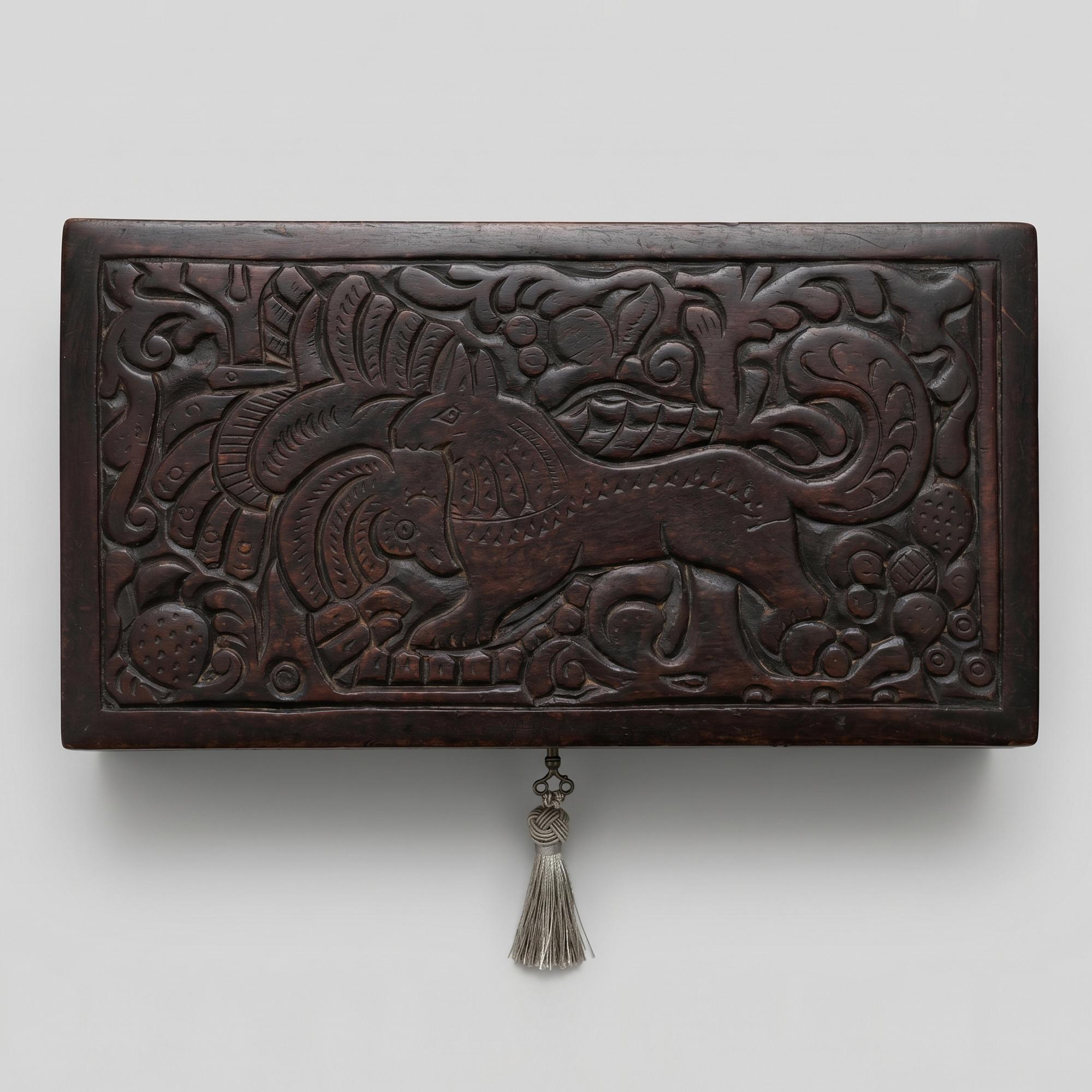 Шкатулка с оригинальным ключом «Лиса и петух», мастерская В.П. Ворноскова.