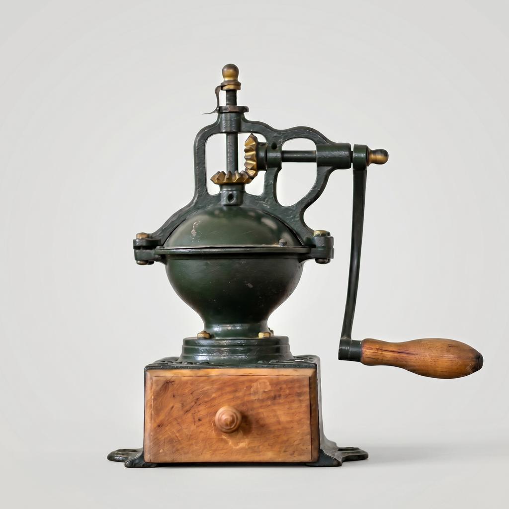 Старинная чугунная кофемолка с регулятором величины помола и совочком