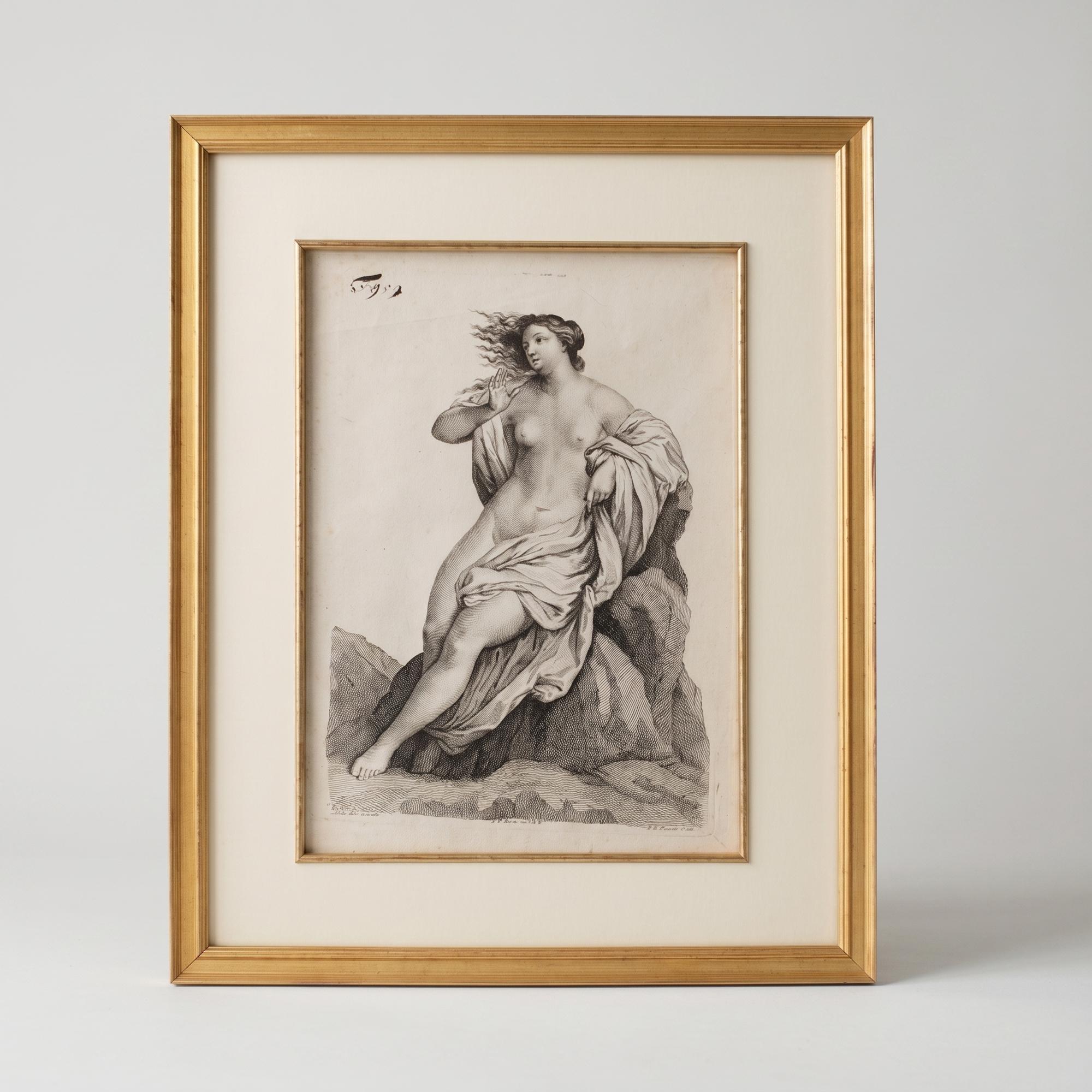 Старинная гравюра «Обнаженная на камне», 18 век