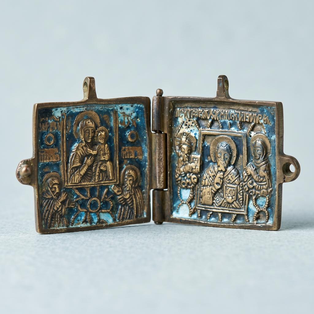 «Солдатская» двустворчатая икона, выговское литье XVIII - XIX веков.