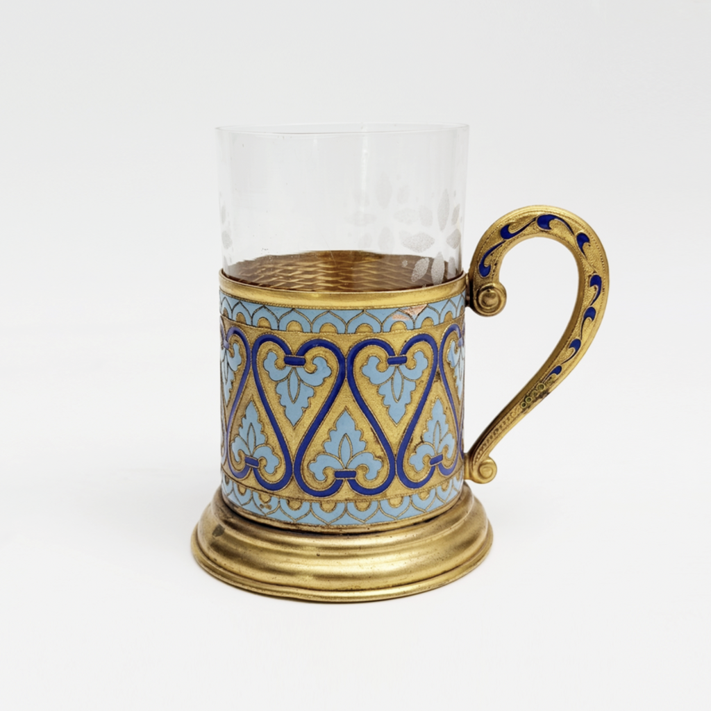 Латунный подстаканник с голубыми эмалями, 1950-1961 гг