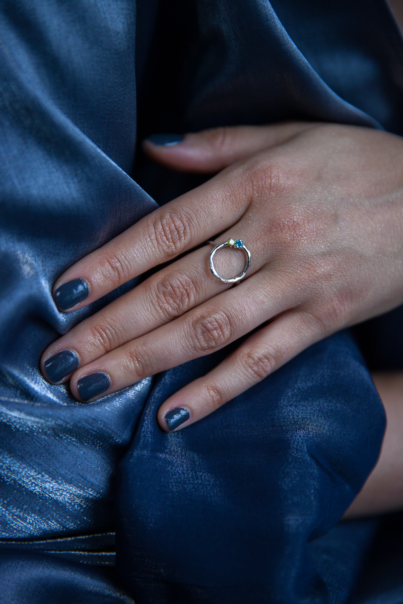 кольцо круг с камнями голубым и жёлтым