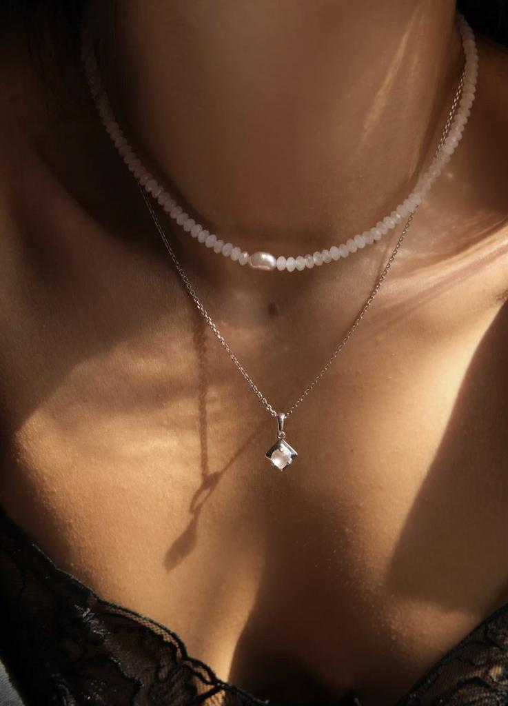 Rose Quartz Heart Set I Сет колье из розового кварца, белая латунь, сталь