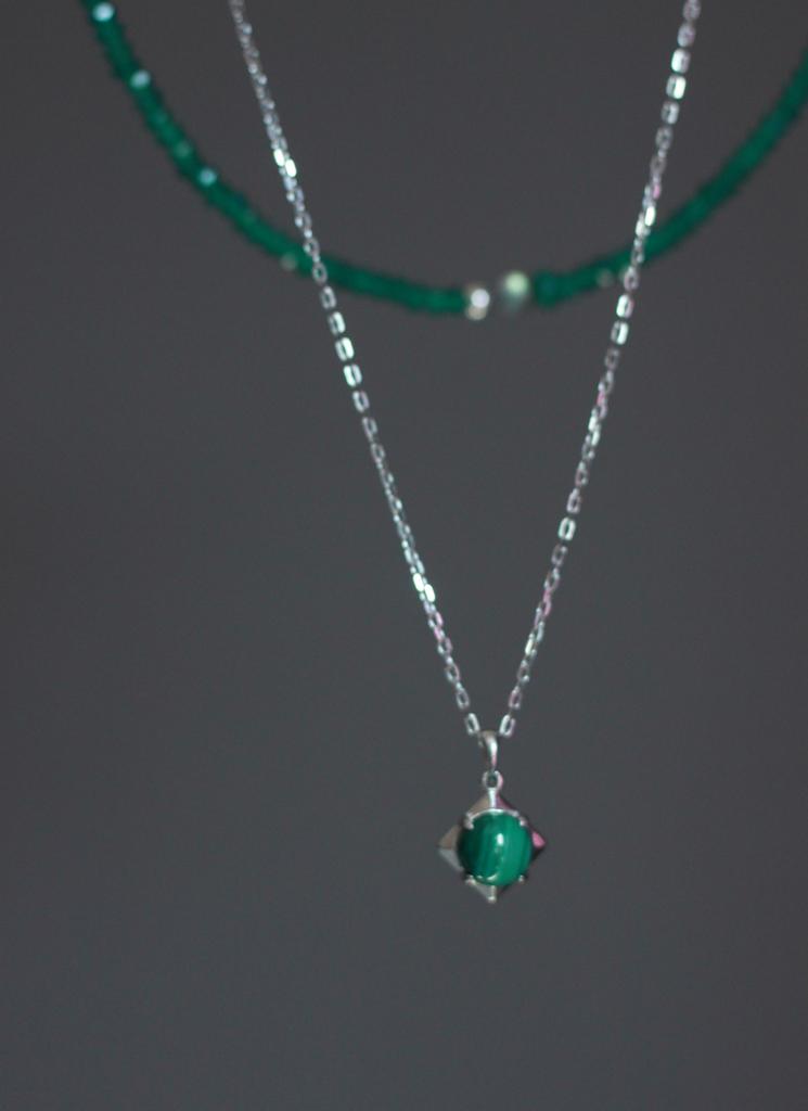 Green Set I Сет колье с малахитом и зелёным агатом, белая латунь, сталь