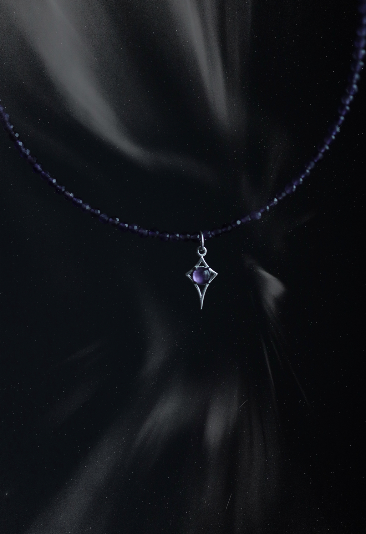 Amethyst Star Necklace I Колье Путеводная Звезда с аметистом, белая латунь, сталь