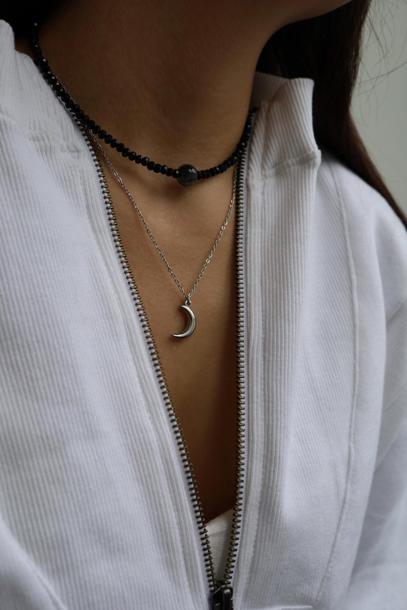 Black Moon Set I Сет колье из черного агата с луной, сталь