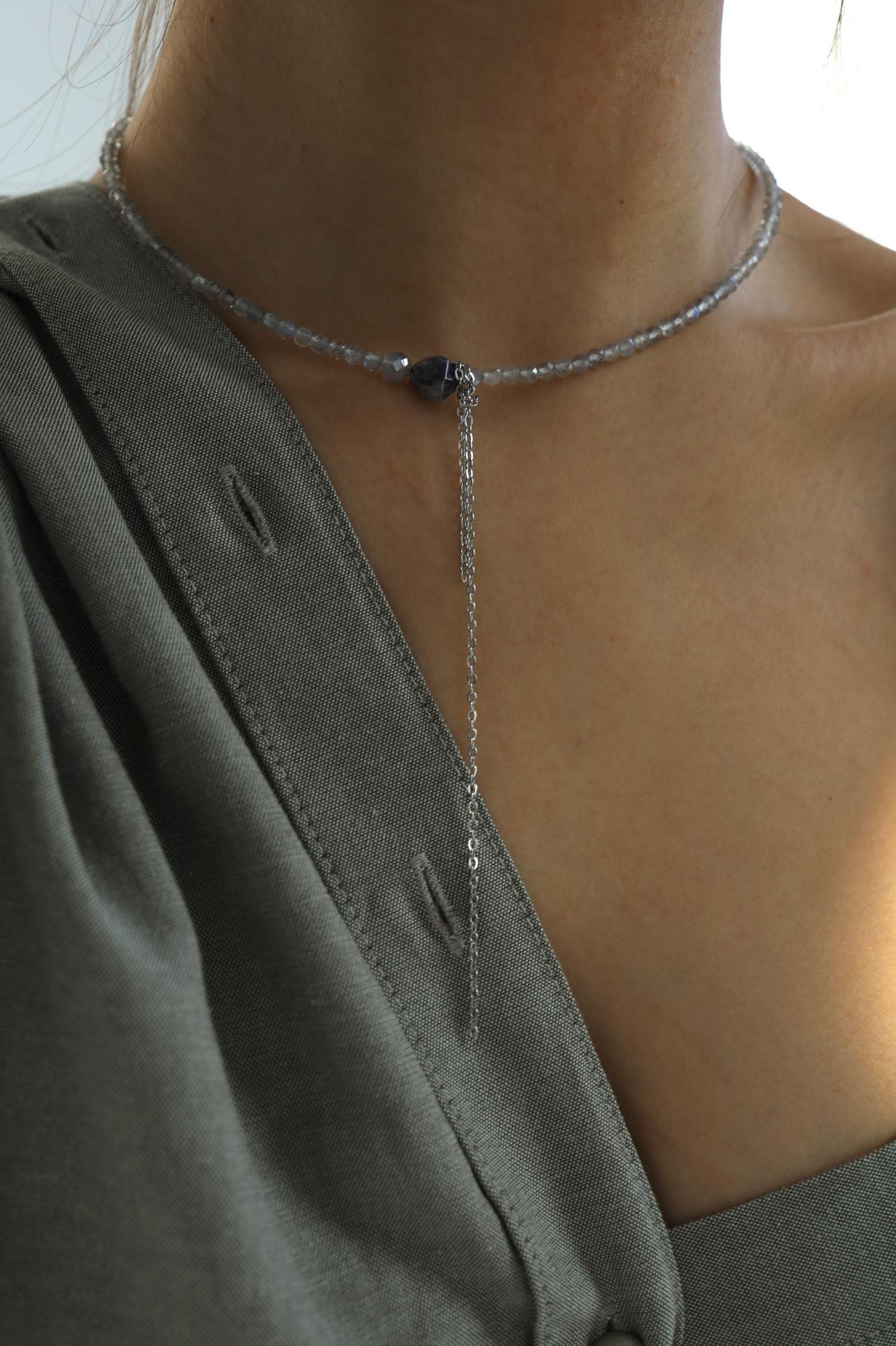 Labradorite Necklace I Колье-галстук с лабрадоритом, белая латунь, сталь