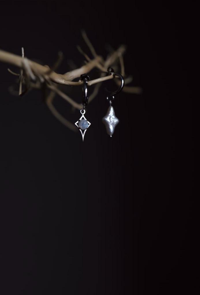 Stars Asymmetrical Earrings I Серьги путеводные звёзды c натуральным камнем и барочным жемчугом, белая латунь, сталь