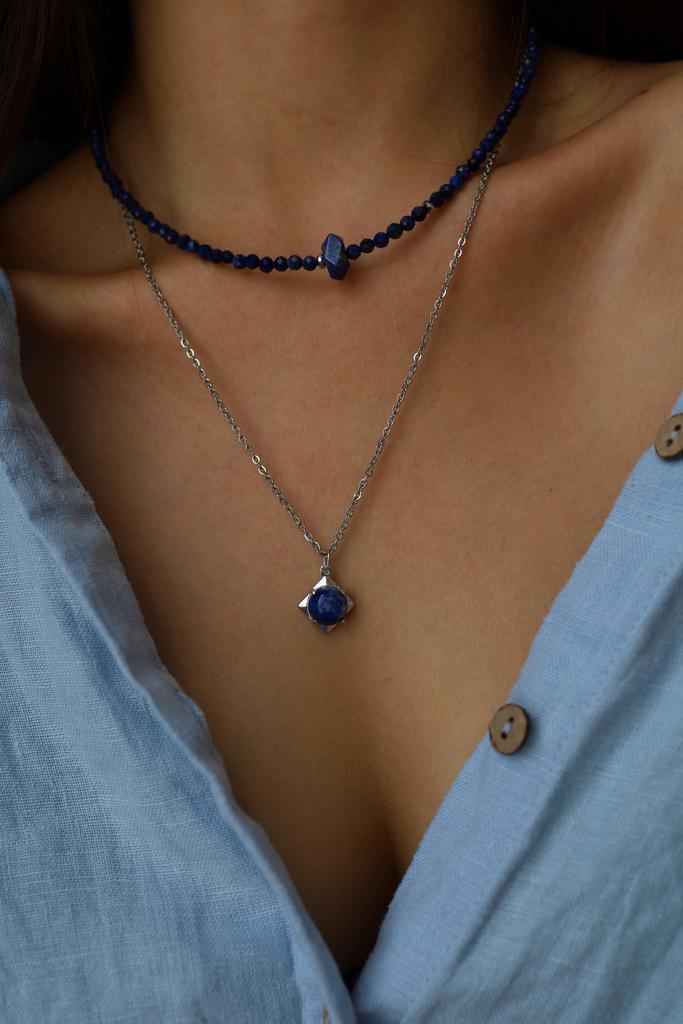 Lazurite Set I Сет колье с лазуритом, белая латунь, сталь