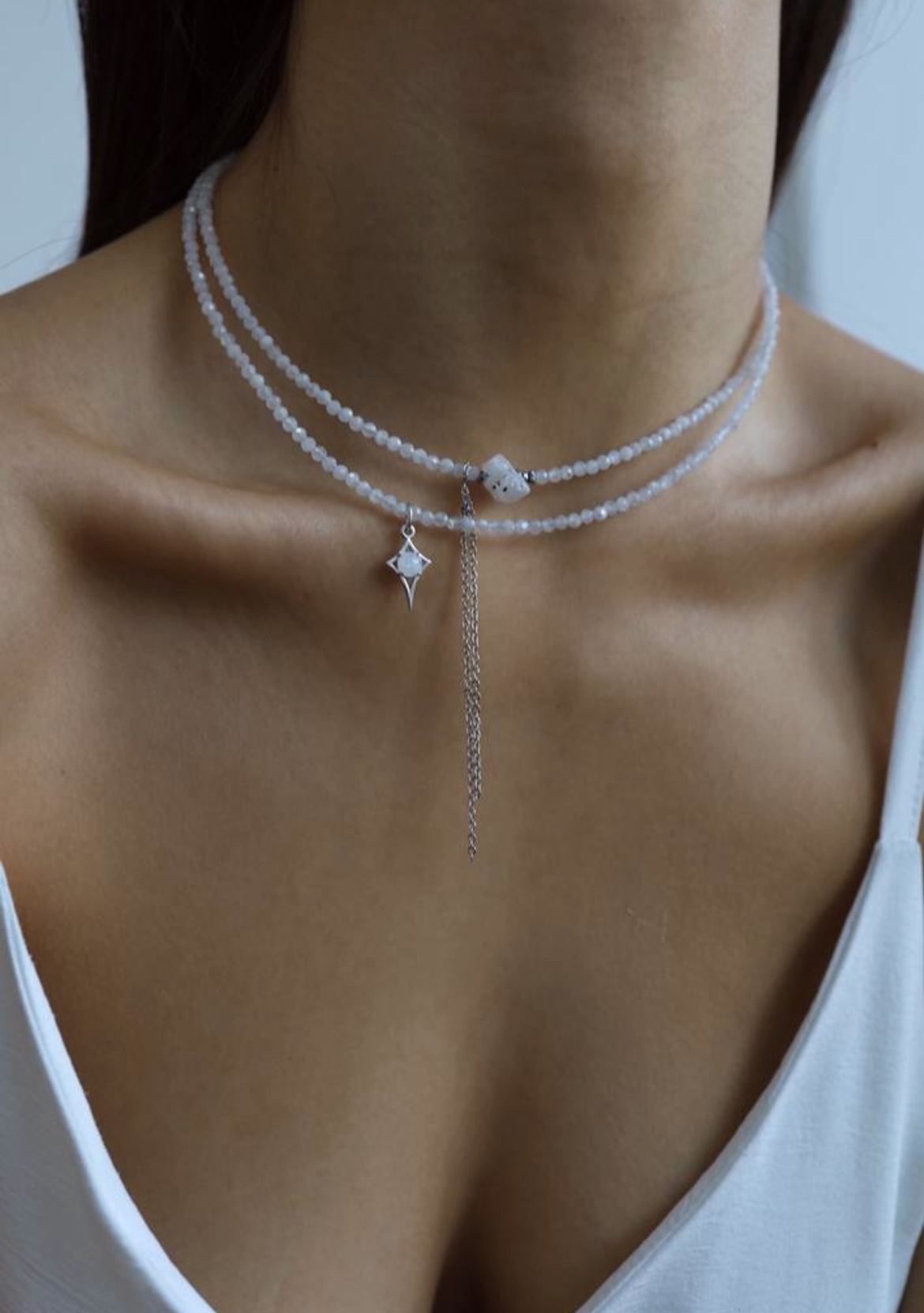 Moonstone Star I Сет колье из лунного камня, путеводная звезда, белая латунь, сталь