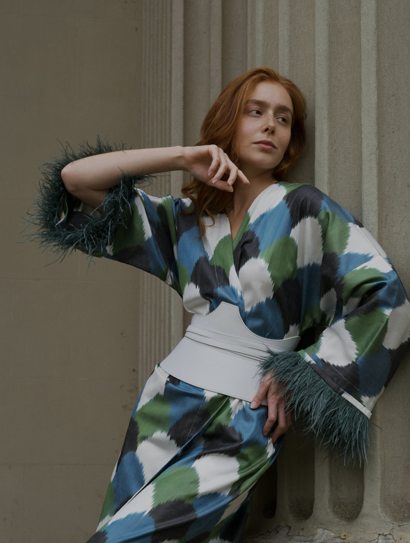 Silk Emerald Feather Kimono