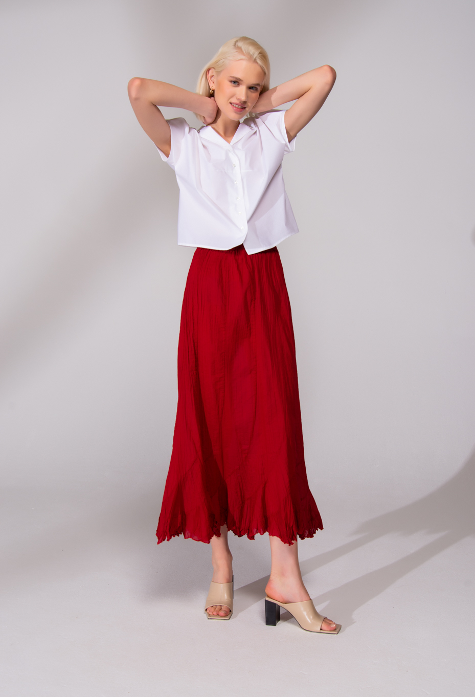 MES DEMOISELLES PARIS Юбка длины миди из жатого органического хлопка в оттенке rouge. LAST SIZE: 38 (FR)