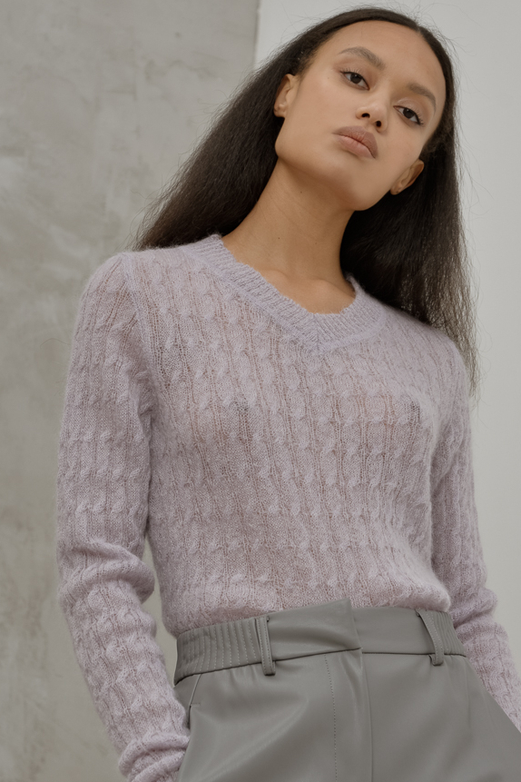 TELA Пуловер из нежного мохера оттенка лаванды с ажурным рисунком «косы»