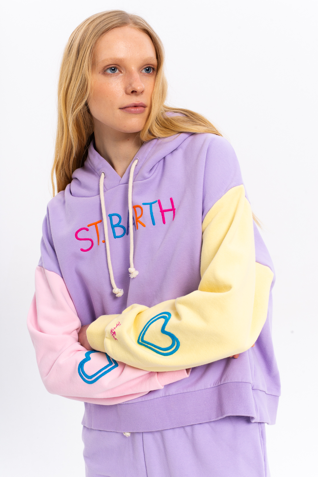 MC2 Saint Barth Худи из органического хлопка в пастельных тонах с объемной вышивкой "сердца"