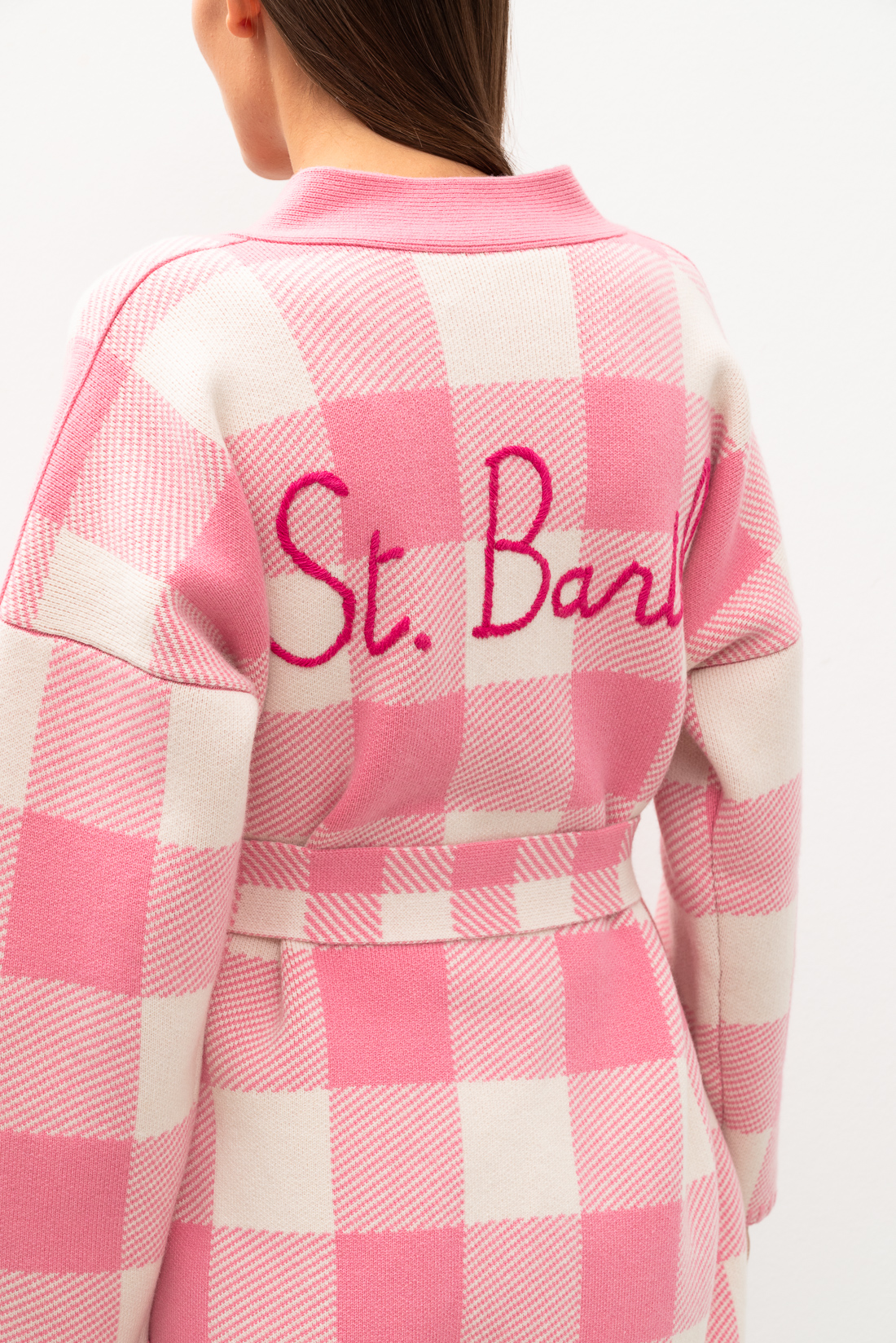 MC2 Saint Barth Кардиган с шалевым воротником из кашемира и шерсти с рисунком в клетку vichy и вышивкой Saint Barth