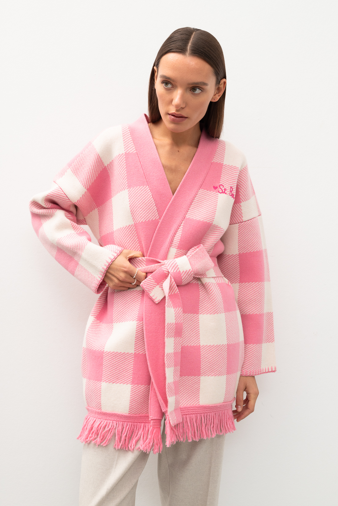 MC2 Saint Barth Кардиган с шалевым воротником из кашемира и шерсти с рисунком в клетку vichy и вышивкой Saint Barth