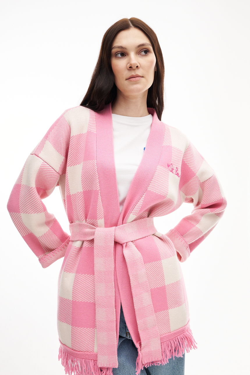 MC2 Saint Barth Кардиган с шалевым воротником из кашемира и шерсти с рисунком в клетку vichy и вышивкой Saint Barth