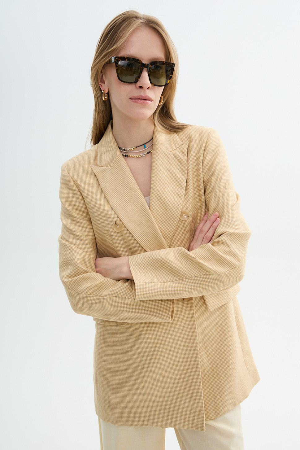 TRUE NYC x JF STORE Жакет двубортный 'ZENA' из 100% премиального льна с рисунком "гусиная лапка"